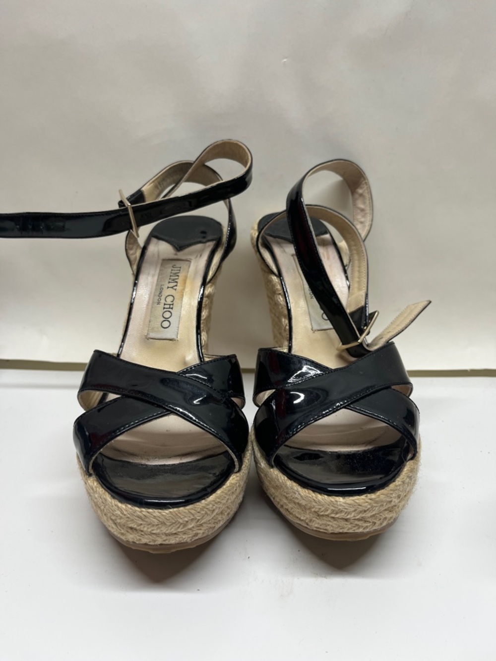 Jimmy Choo Black Patent Leather Espadrille Platform Sandals Ankle Strap 37 1/2